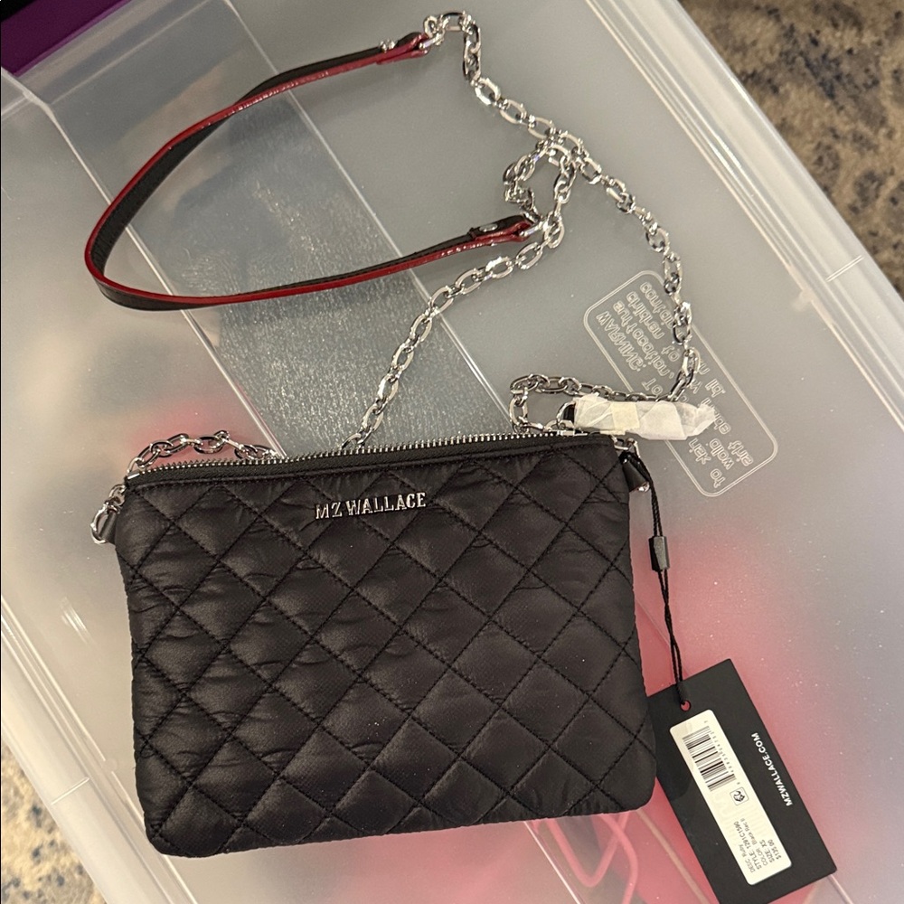 MZ Wallace Black Quilted Crossbody with Red-Trim Strap nWOT